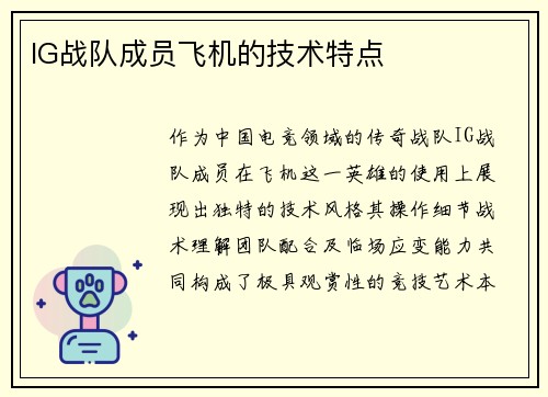IG战队成员飞机的技术特点