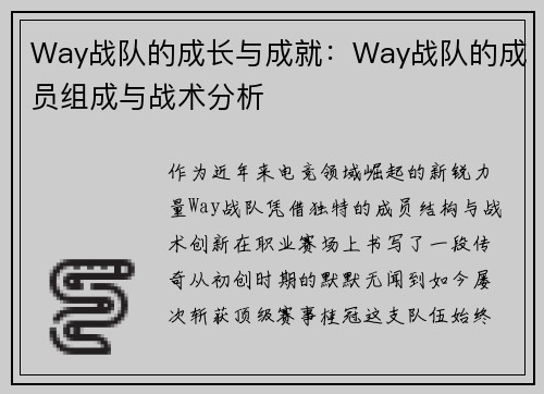 Way战队的成长与成就：Way战队的成员组成与战术分析